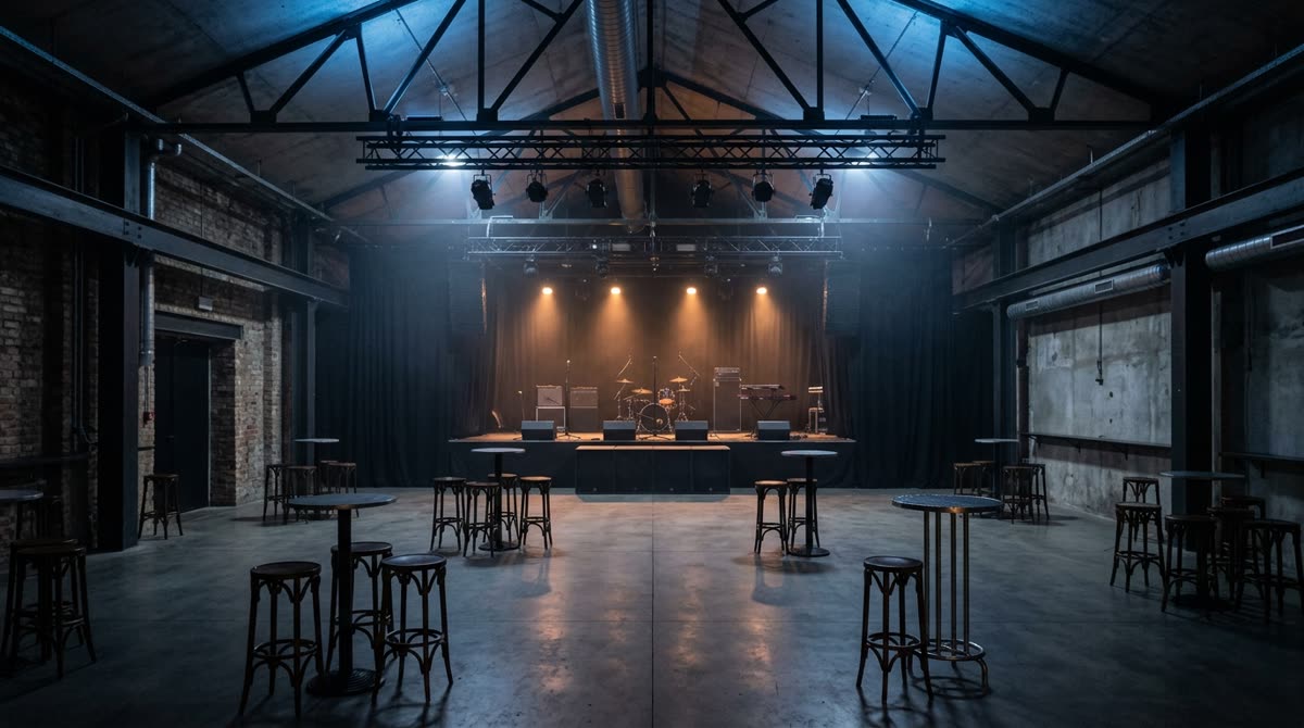 Empty industrial live-music room with a low stage, scattered tables and warm overhead lighting.