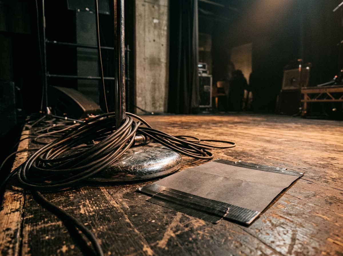 Coiled black microphone cables and a chrome mic stand base on a scuffed wooden stage floor.