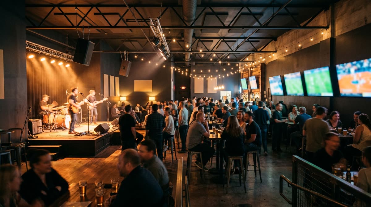 A dim venue room with a small stage on one side and large glowing screens on the other.