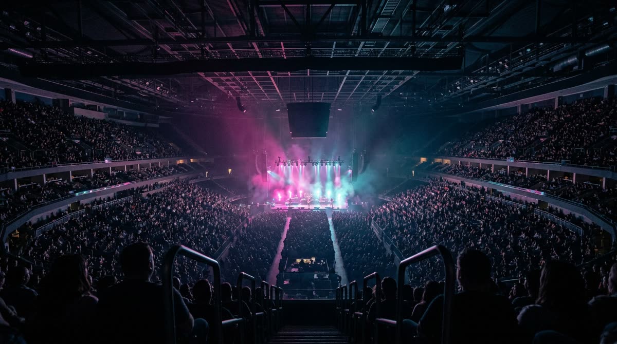 View from high arena seating of a distant stage lit by colored beams above a crowd.