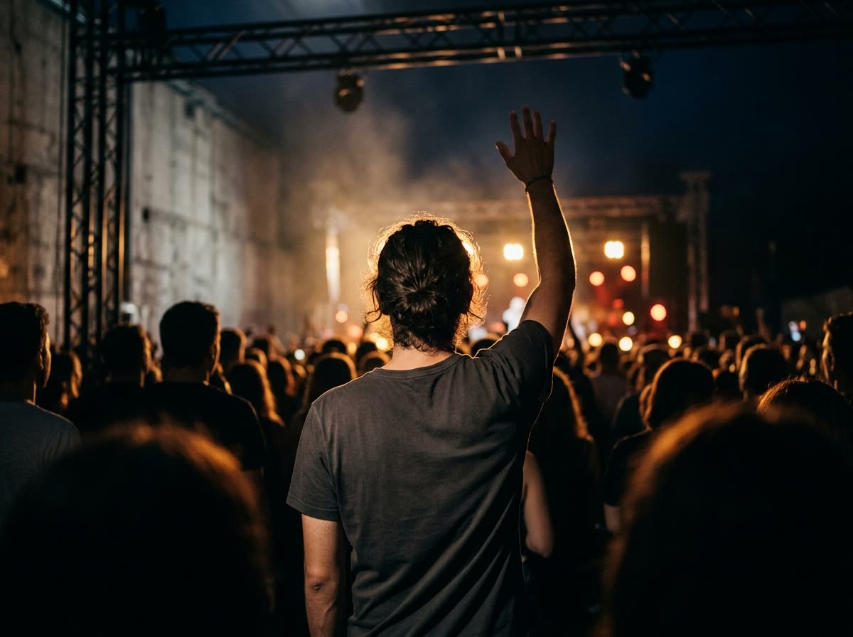 A concert-goer seen from behind with one arm raised, backlit by stage lighting.