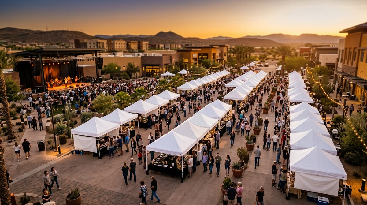 Outdoor plaza event with rows of white canopy stalls and a small stage at golden hour.