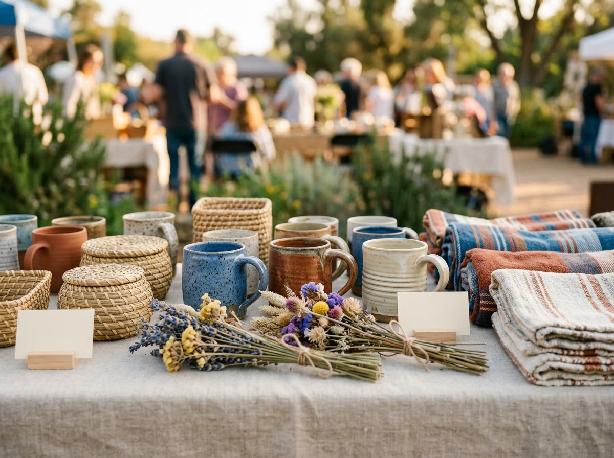Handmade mugs, baskets and dried flowers arranged on a linen-covered market stall table.