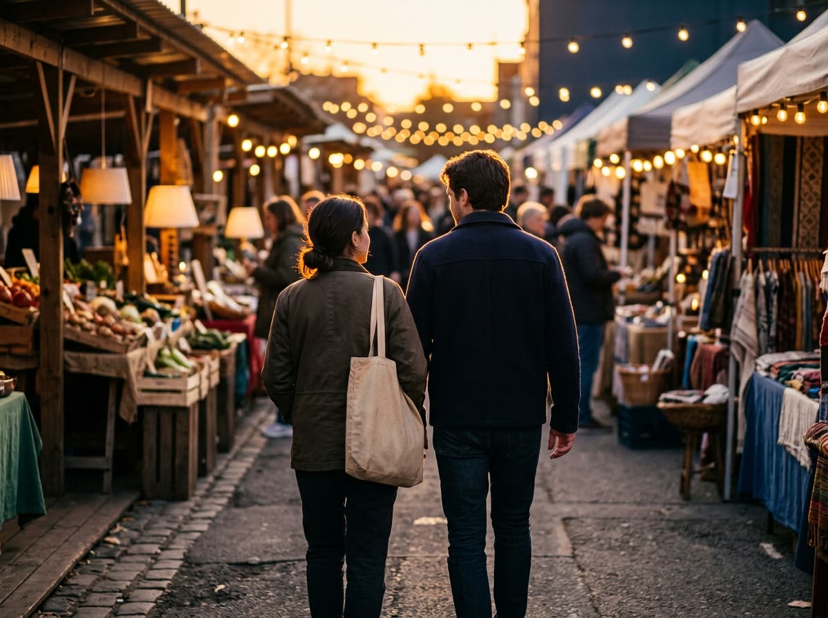 Two people walk away from the camera between rows of outdoor market stalls.