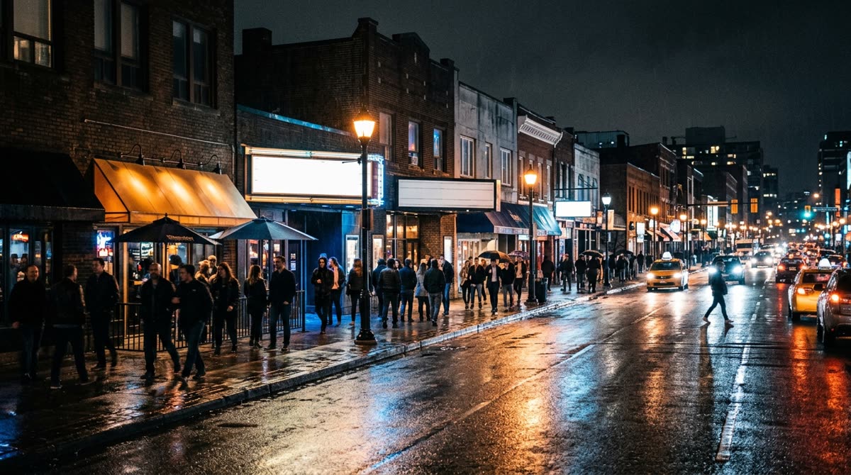 A city street of small nightlife venues after dark with glowing lights reflecting on wet pavement.