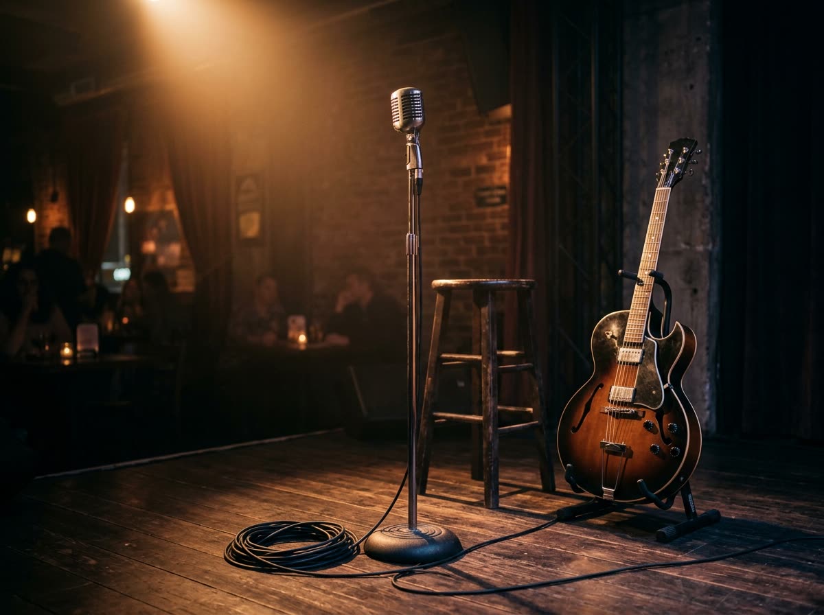 A vintage microphone in a spotlight on a small lounge stage with a guitar resting behind it.