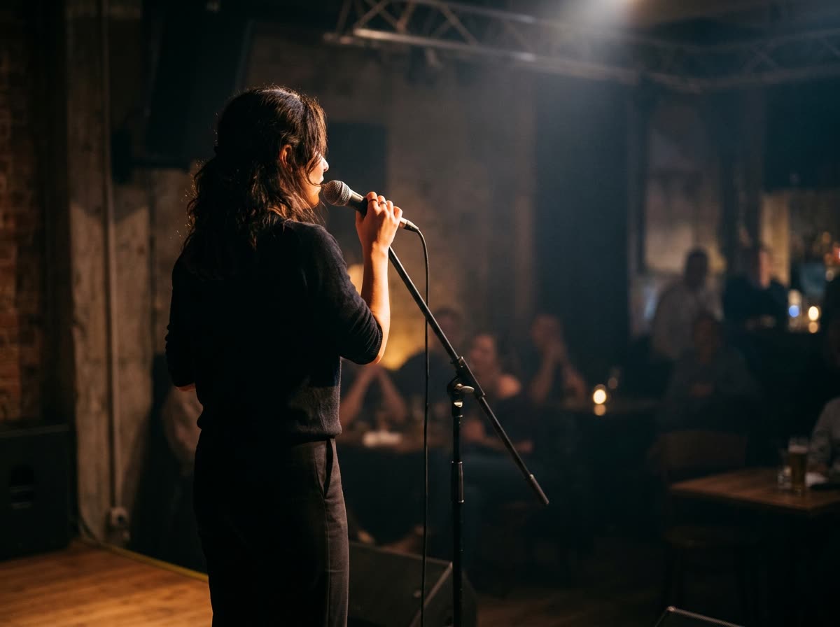 A singer silhouetted from behind at a microphone under a warm spotlight.