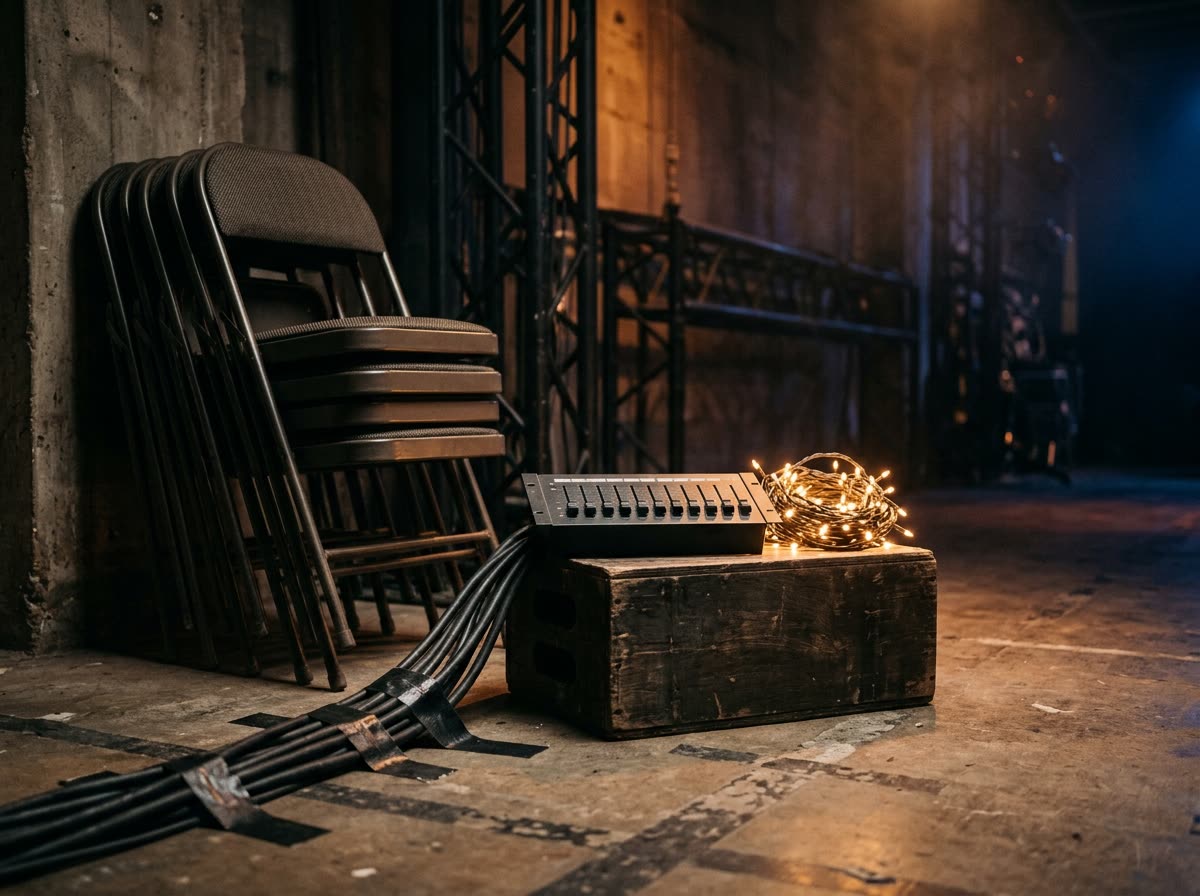 Stacked folding chairs, a coiled cable run and a dimmer panel on an event room floor.
