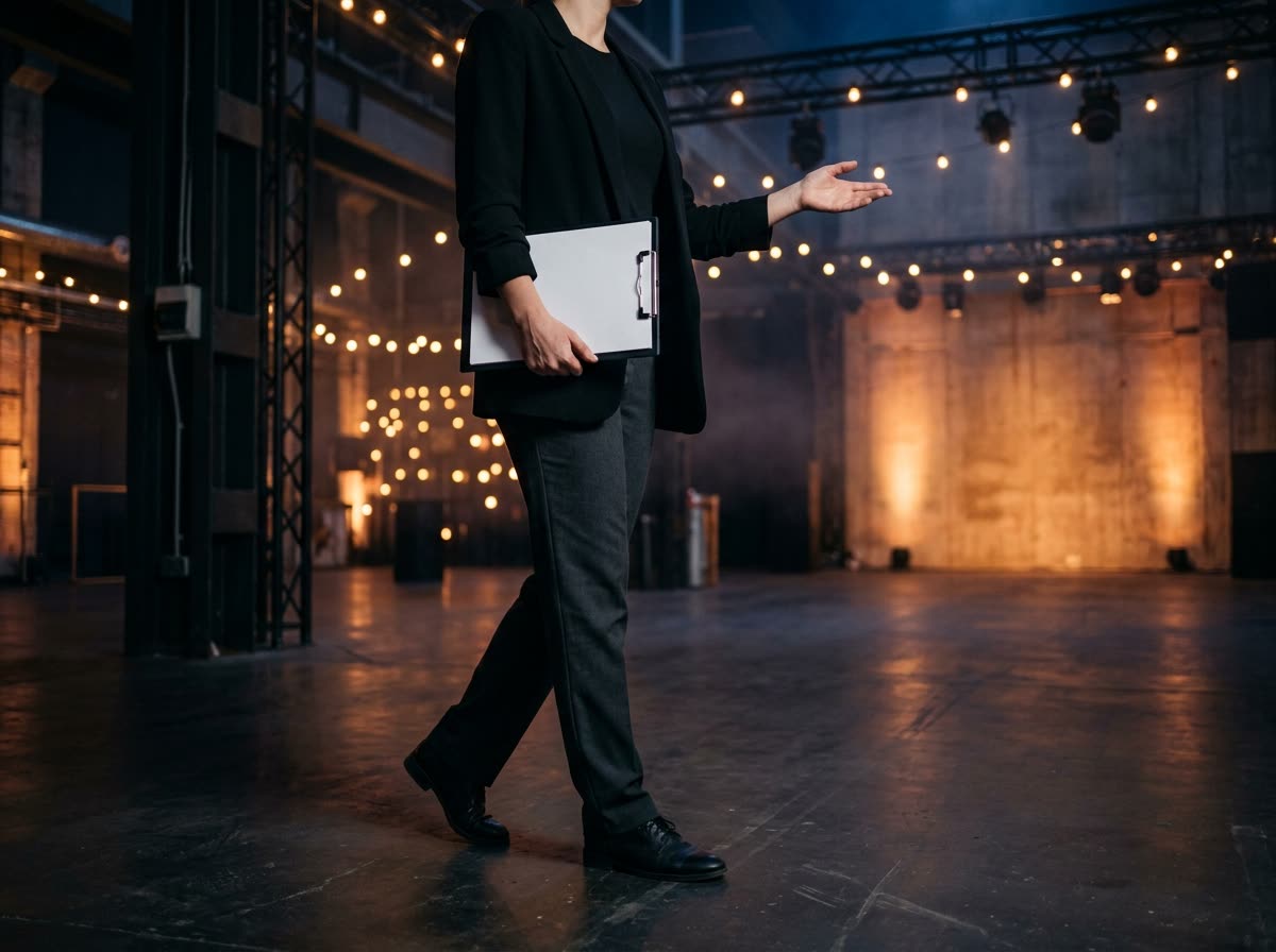 A person holding a blank clipboard walks through an empty event room, cropped below the head.